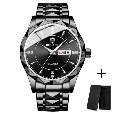 Binbond Cutting men's watch night light dual calendar watch men's quartz watch diamond ceiling glass-Black