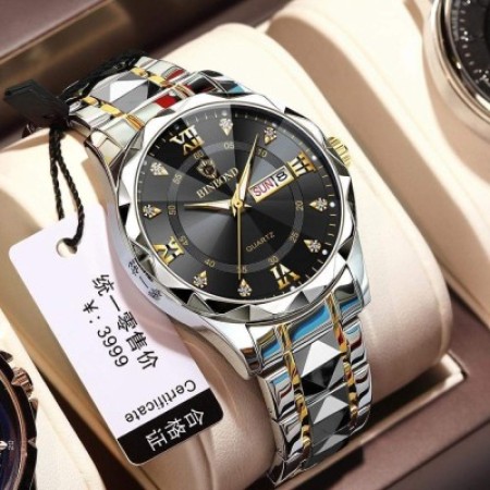 Binbond Cutting men's watch night light dual calendar watch men's quartz watch diamond ceiling glass- Silver&Black