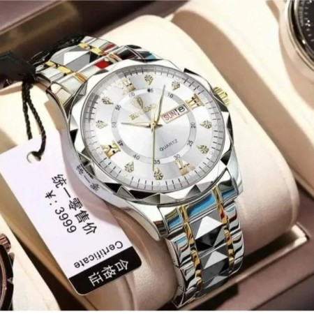 Binbond Cutting men's watch night light dual calendar watch men's quartz watch diamond ceiling glass- Silver