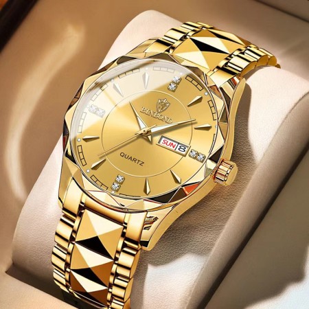 Binbond Cutting men's watch night light dual calendar watch men's quartz watch diamond ceiling glass- Golden
