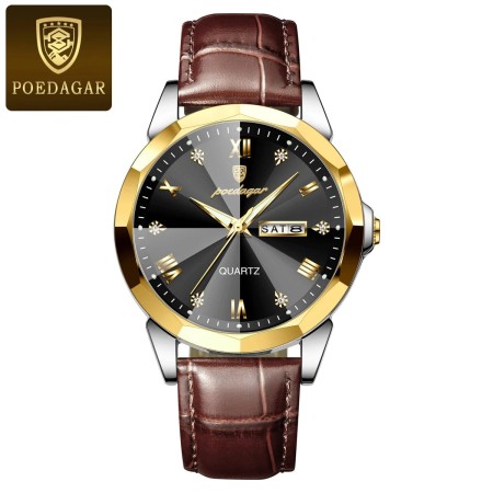 POEDAGAR 810 High Quality Quartz Sports Business Leather Men's Watches-Golden&Black
