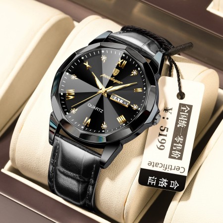 POEDAGAR 810 High Quality Quartz Sports Business Leather Men's Watches-Black