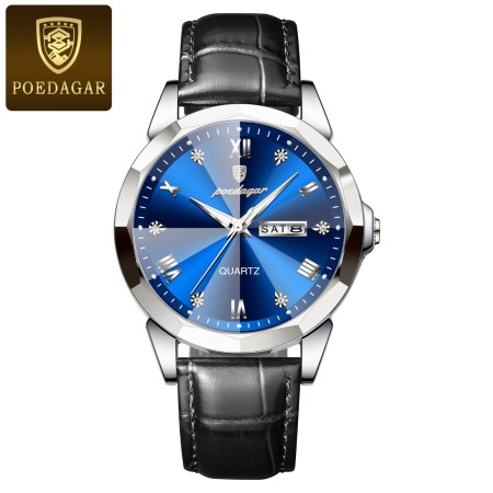 POEDAGAR 810 High Quality Quartz Sports Business Leather Men's Watches-Silver&Blue