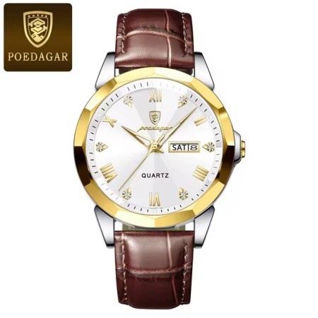 POEDAGAR 810 High Quality Quartz Sports Business Leather Men's Watches-Silver&Golden
