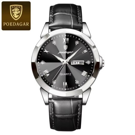 POEDAGAR 810 High Quality Quartz Sports Business Leather Men's Watches-Silver&Black