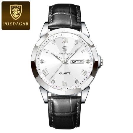 POEDAGAR 810 High Quality Quartz Sports Business Leather Men's Watches-Silver